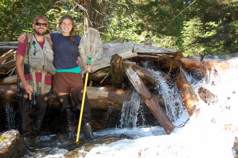 Colleen and her friend Adam doing field work in a stream in Montana